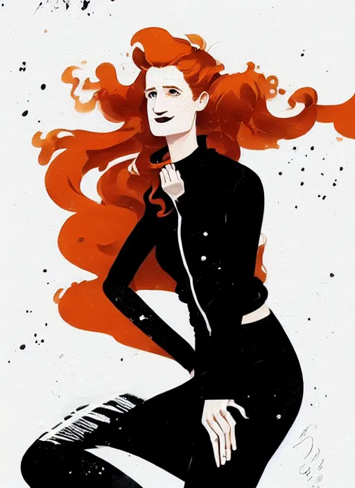 Image similar to highly detailed closeup portrait of beautiful grace gummer as dom dipierro, wavy ginger hair, black dress, by atey ghailan, by greg rutkowski, by greg tocchini, by james gilleard, by joe fenton, by kaethe butcher, gradient orange, black and white color scheme, grunge aesthetic!!! ( ( graffiti tag wall background ) )