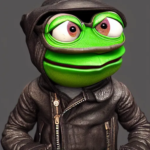 Image similar to perfectly accurate miniature figure of pepe the frog wearing jeans and a black leather jacket, soft textures, skin texture, clothing, 3d sculpture, textured, fine detail, lifelike, photo, high resolution, octane render, post processing, after effects, trending on artstation