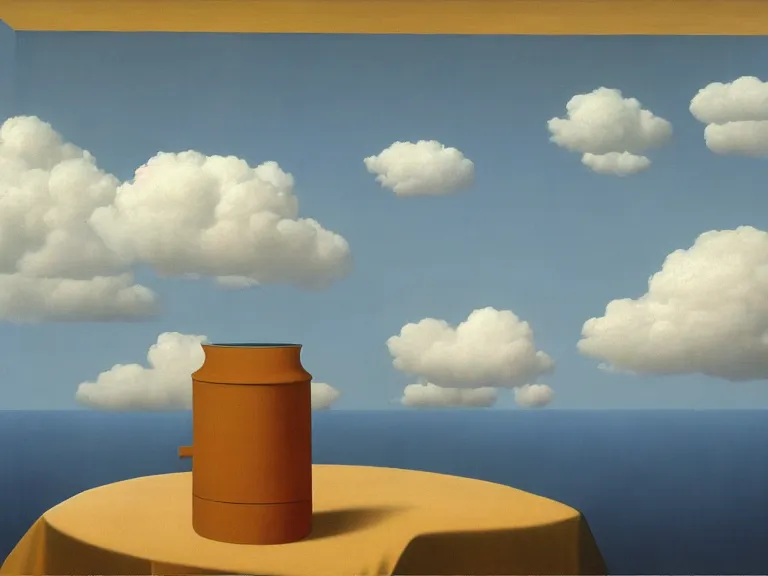 Image similar to room with clouds wallpapers on the walls, painting by rene magritte, centered, high detail, high resolution