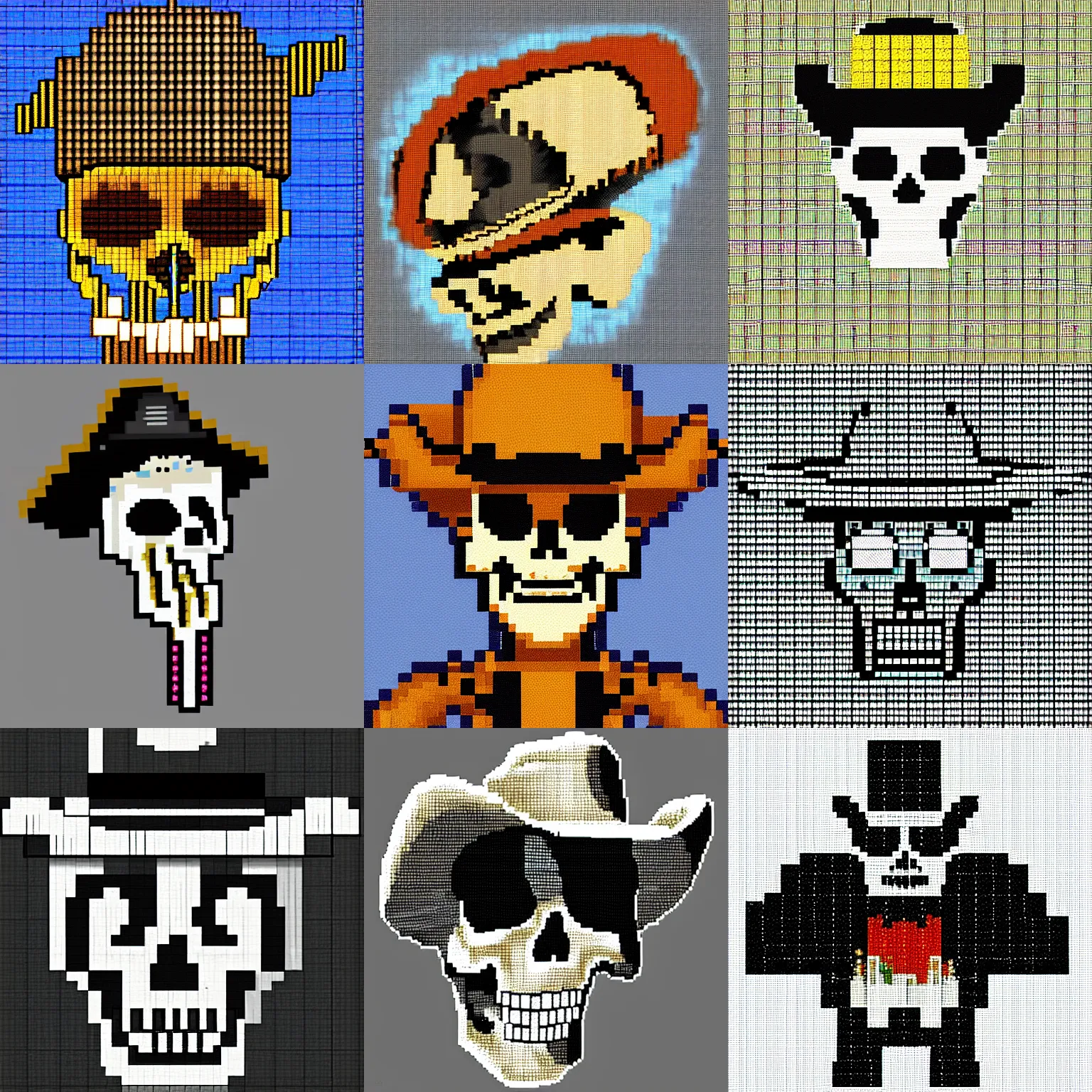 Prompt: pixel art of a skeleton in a cowboy hat