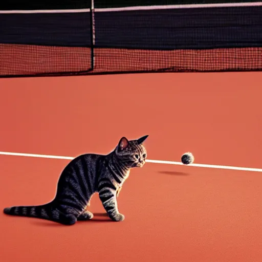 Image similar to cat standing playing tennis, realistic, highly detailed, cinematic