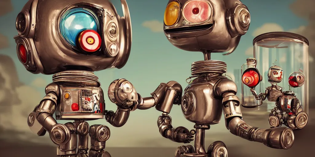 Image similar to closeup portrait of tin toy retro living room of robot family, depth of field, zeiss lens, detailed, centered, fashion photoshoot, by nicoletta ceccoli, mark ryden, lostfish, breathtaking, 8 k resolution, extremely detailed, beautiful, establishing shot, artistic, hyperrealistic, octane render, - h 8 0 4