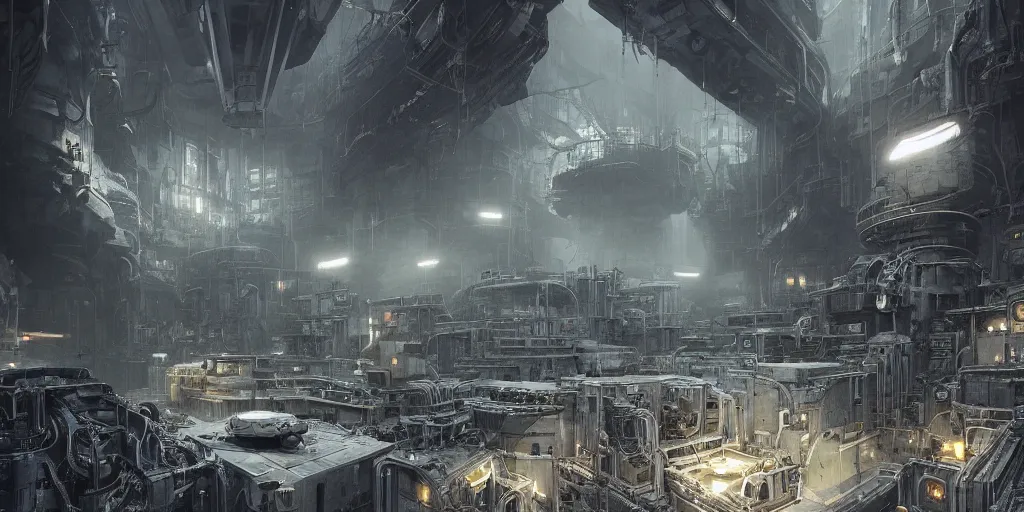 Prompt: a film still from prometheus by ian mcque - endless machine - built underground facility that controls atmosphere, water and power, scale of a city, water - logged, medium shot, waist up, bloom, dark and moody atmospheric, dramatic lighting, behance, game environment design, artstation, photoreal, deviant art,