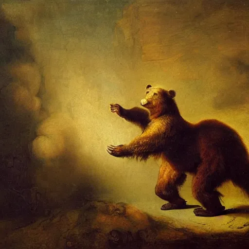 Prompt: an oil painting of a socialist bear vowing to take down capitalism by Rembrandt