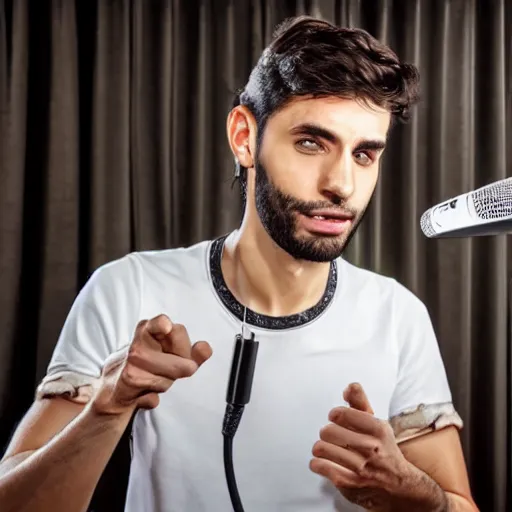 Image similar to handsome Portuguese male twitch streamer looking confused at his expensive microphone which isn't working, high quality photo, 4k