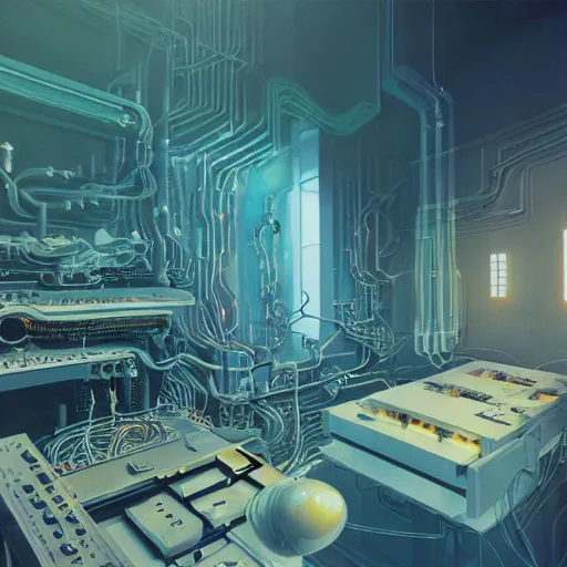 Image similar to an immaculate octane redshift concept art render of the nexus of a vast modern computing center and a mad alchemist\'s lab with exposed circuit boards, nixie tubes and tesla coils by Zdzisław Beksiński and beeple, beautiful modern colors, ultradetailed, 4k ultra