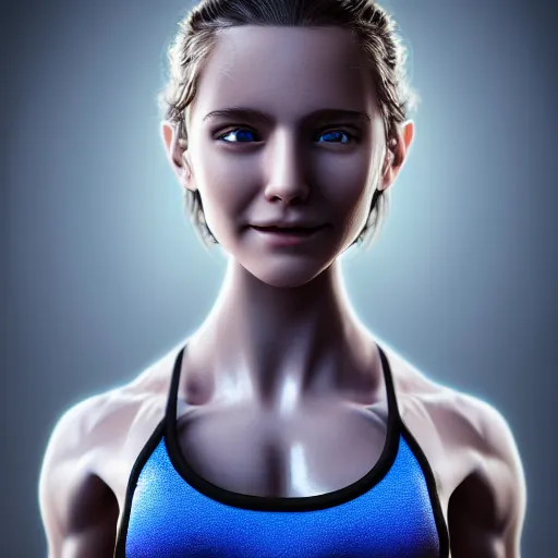 Image similar to hyperrealistic full figure portrait of a cute thin young girl, athletic body, six pack, abs, concentrated look, cute smile, highly detailed, detailed face and eyes, long black hair, flushed face, blue eyes,, volumetric lighting, 8 k, art photography, sport photography