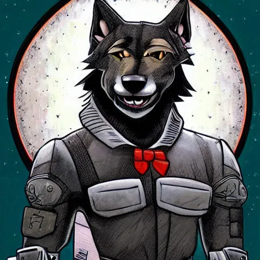 Prompt: beautiful professional art of a portrait an anthropomorphic black male wolf anthro furry fursona, in a 1 9 8 0 s style space mercenary uniform, heroic, art by jack kirby