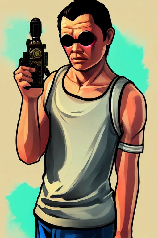 Prompt: boy with singlet tshirt and towel on shoulder. grand theft auto chinatown art style, bioshock art style pop art, no duplicate image, dynamic proportional, digital painting, artstation, concept art, smooth, sharp focus, illustration, intricate, hyperdetails, art by richard hamilton and mimmo rottela, pixels art by paul robertson