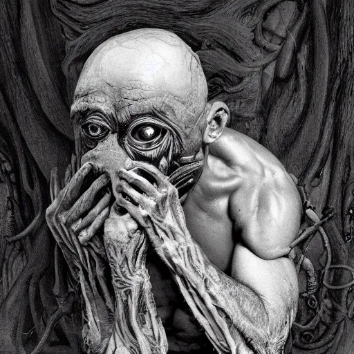 Image similar to a portrait of a creature from the beyond, body horror, by gerard brom and ansel adams