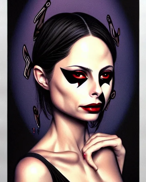 Image similar to style of gerald brom : : gorgeous willa holland : : evil witch, swirling black magic, black dress : : symmetrical face, symmetrical eyes : : full body pose : : gorgeous black hair : : magic lighting, low spacial lighting : :