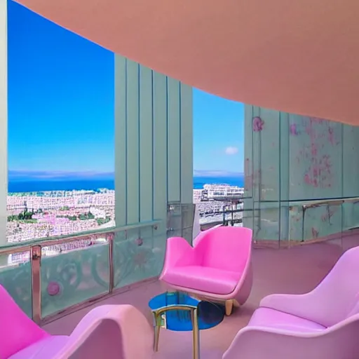 Prompt: a ultra high definition pastel coloured photographic print from a holiday photo album. the photo is a medium frame, 5 0 mm depicting the interior of an expensive alien hotel balcony, furniture and view. the interior was designed by jeff koons. iridescent transparent glass, pastel pink concrete, foam. 8 k. architectural. interior. no artefacts. highly detailed.