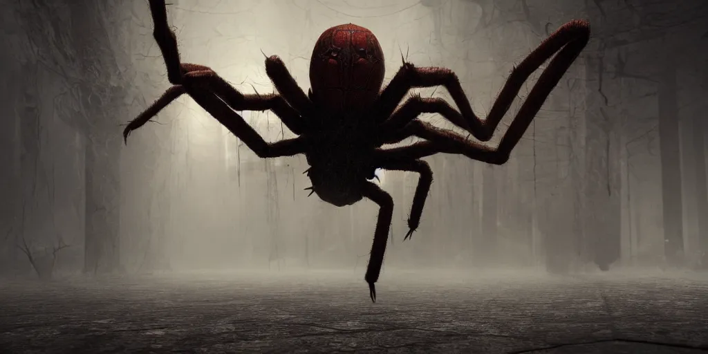 Image similar to spider\, horror, dark cinematic, volumetric, realistic, 3d render, Realistic Render, Cinematic lighting, Volumetric lighting, atmospheric, cinematic, unreal engine, unreal engine render, octane render, HD, photorealism, hyper realistic, photo, 8K, in the style of Chris Cunnigham, by Wes Anderson