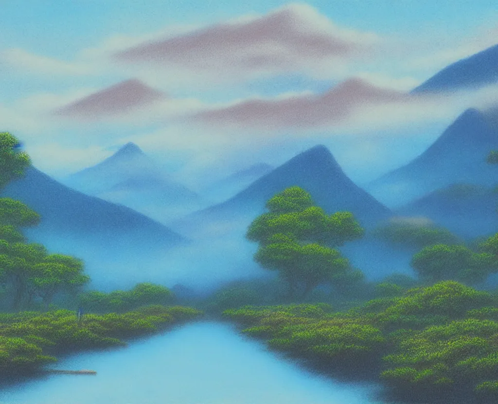 Image similar to a landscape pastel in the style of noriyoshi ohrai of a blue reflective path to some misty mountains in the background. along the path stands pillars that reflect in the water. key art. 4 k fantasy