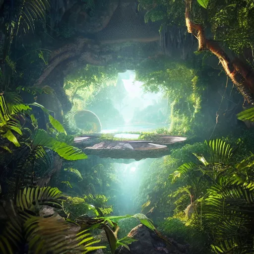 Prompt: an ultradetailed matte painting of an epic hyperdimensional portal in the jungle, octane render, 8k, trending on artstation