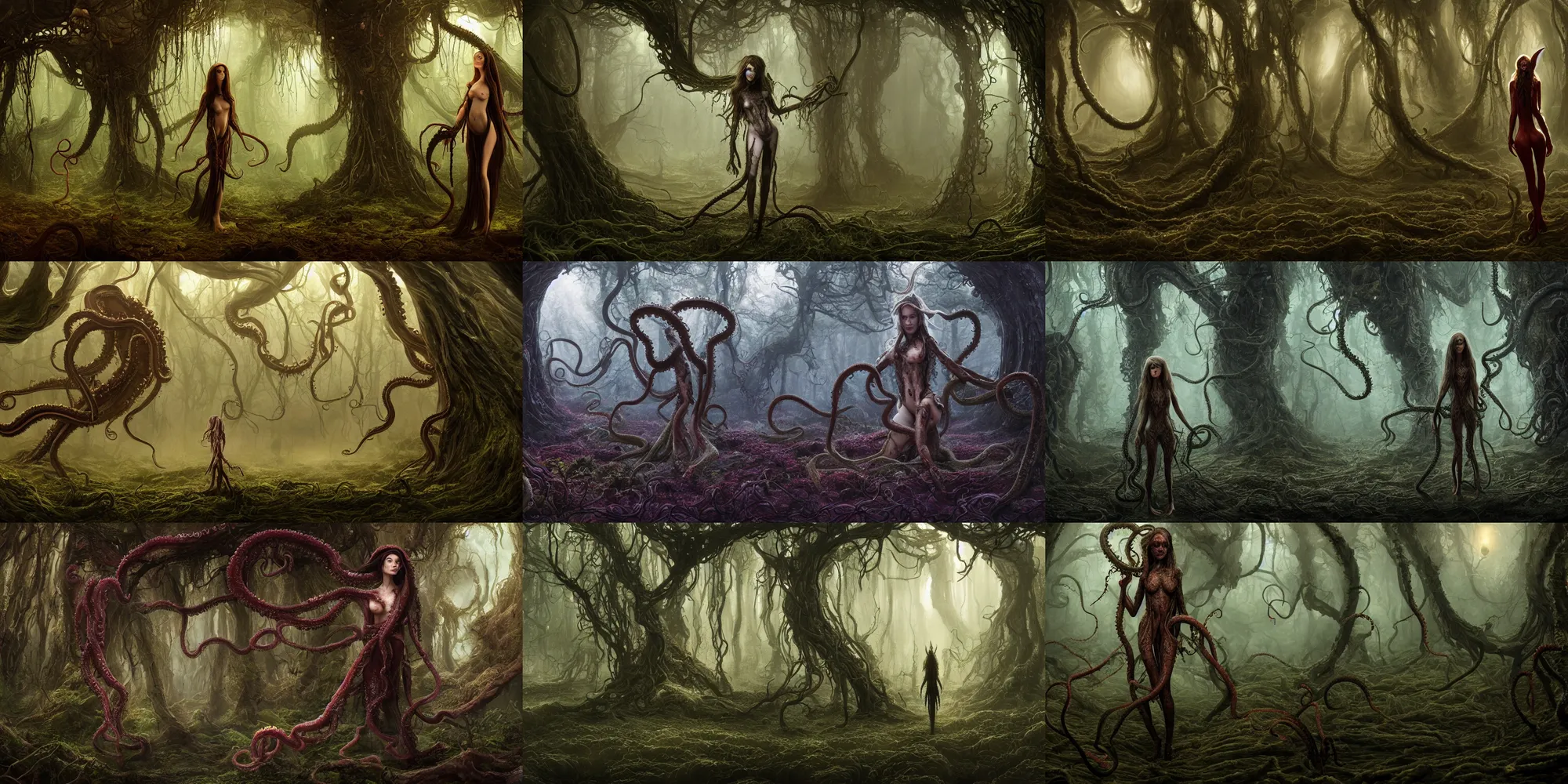 Prompt: matte oil painting of a cosmic horror monstrosity ( tentacles ) inside of an elf girl's ( port trait keira knightly dressed ) forest, extremely detailed, disturbing, cinematic, 4 k, 8 k