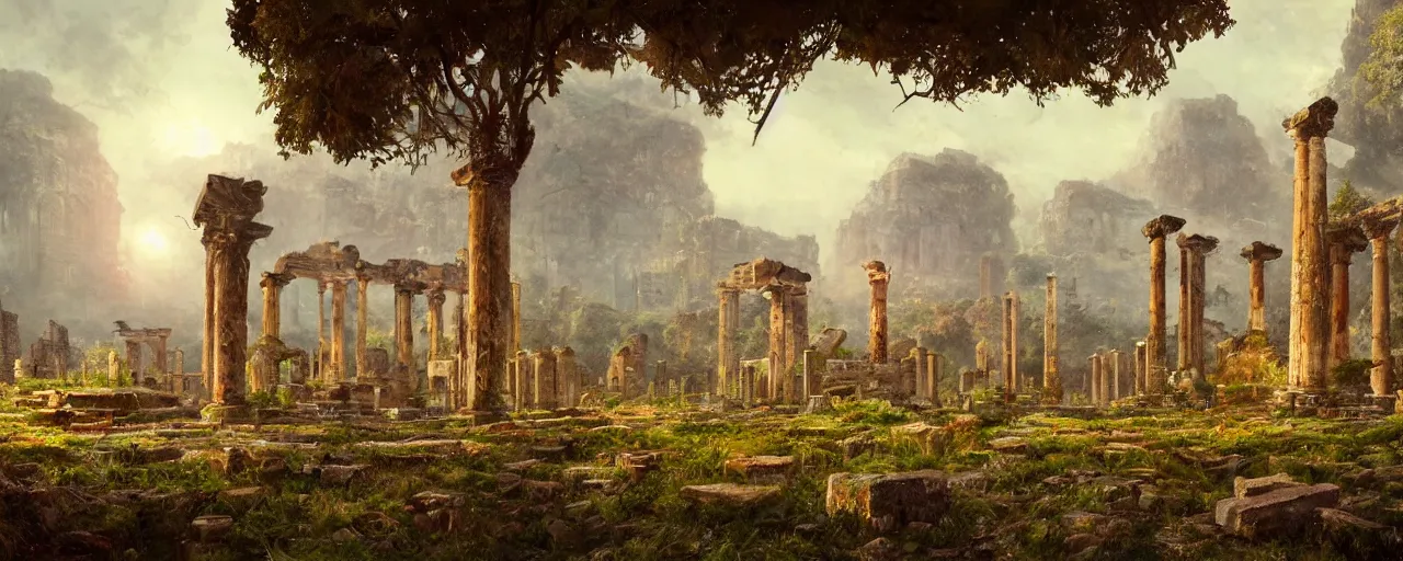 Prompt: ” landscape with overgrown ruins of a roman temple, [ by paul lehr, cinematic, detailed, epic, widescreen, opening, establishing, mattepainting, photorealistic, realistic textures, octane render ] ”