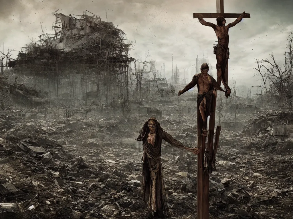 postapocalyptic picture of a crucified man, ruins | Stable Diffusion ...