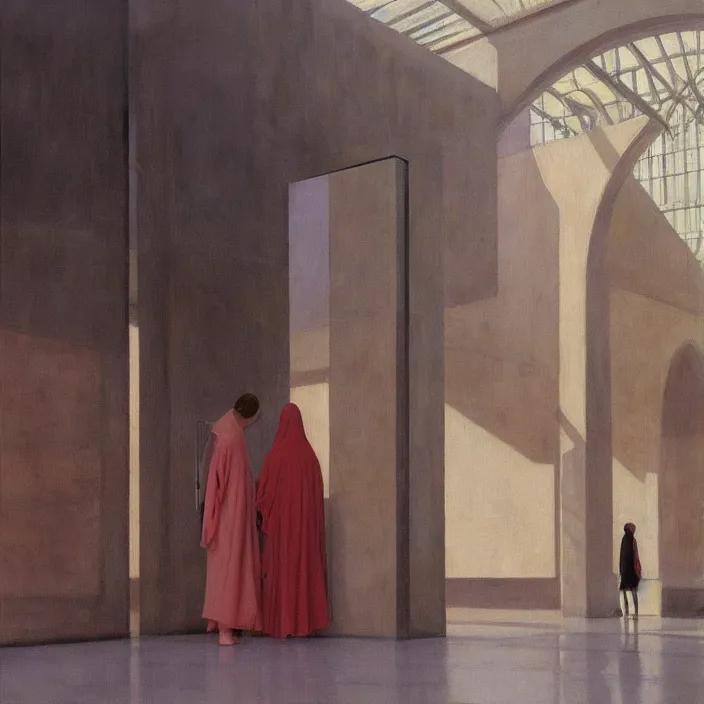 Image similar to woman in translucent robes, short skirt, in magnificent shopping mall, oil painting by edward hopper, zdislav beksinski, wayne barlowe