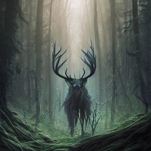 Image similar to highly detailed creepy forest creature with antlers, stephen bliss, unreal engine, fantasy art by greg rutkowski, loish, rhads, ferdinand knab, makoto shinkai and lois van baarle, ilya kuvshinov, rossdraws, tom bagshaw, global illumination, radiant light, detailed and intricate environment