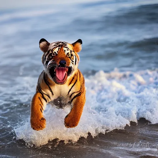 Image similar to a closeup photorealistic photograph of a cute smiling tiger bichon puppy splashing in the surf during sunset. professional capture, well lit shot. this 4 k hd image is trending on artstation, featured on behance, well - rendered, extra crisp, features intricate detail, epic composition and the style of unreal engine.