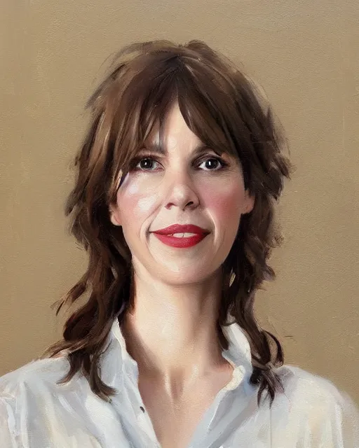 Prompt: a portrait painting of sabrina lloyd / perdita weeks / nicole de boer hybrid oil painting, gentle expression, smiling, elegant clothing, scenic background, behance hd by jeremy pitkin, krenz cushart