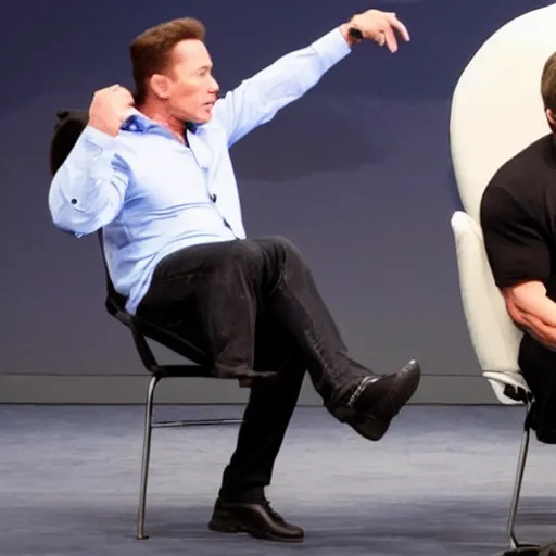 Image similar to high definition snapshot of arnold schwarzenegger kicking the crap out of elon musk & mark zuckerberg