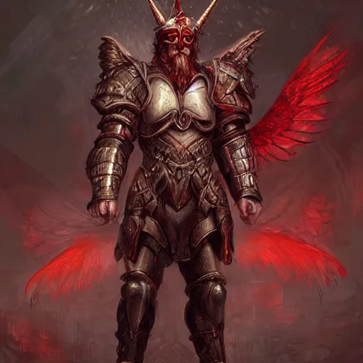 Image similar to man - unicorn hybrid red angel - wings, stunning, thick armor that covers everything, shocked very wide open eyes very open eyes, realistic, symmetric portrait, face, intricate, very detailed, fantasy digital art, trending in artstation, marc simonetti