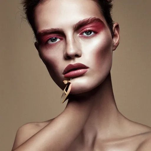 Image similar to a muted colors natural make-up portrait photograph, editorial story, Vouge Italy, editorial photography by Peter Gehrke and Johan Sandberg