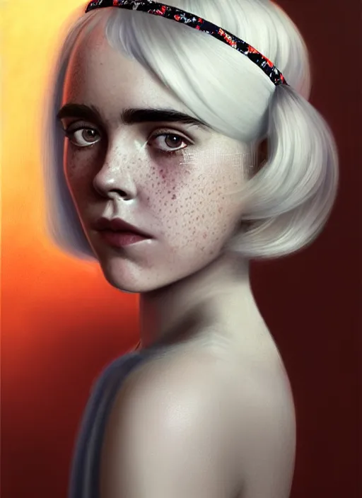 Image similar to portrait of kiernan shipka with freckles, white hair, 1 9 6 0 s bob hairstyle, hairstyle with bangs, 1 9 6 0 s bob hair with bangs and hairband, intricate, elegant, glowing lights, highly detailed, digital painting, artstation, concept art, smooth, sharp focus, illustration, art by wlop, mars ravelo and greg rutkowski