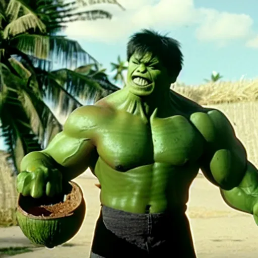 Image similar to a film still of hulk drinking coconut water