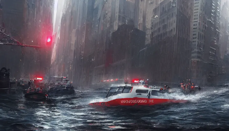 Prompt: rescue boat crossing new york streets after a tsunami, hyperdetailed, artstation, cgsociety, 8 k