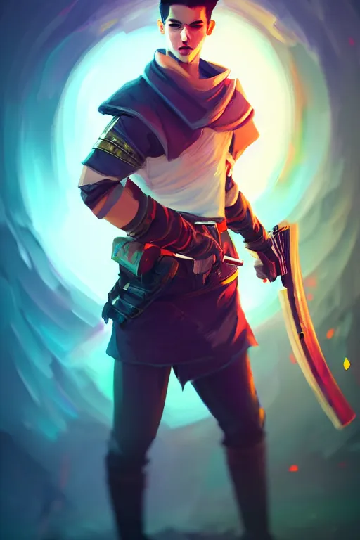 Image similar to a handsome young warrior with a gun in his hand, blurred environment background, colorful magic effects, white skin, portrait, male, clothed, sharp focus, digital art, concept art, trending on artstation, dynamic lighting, by emylie boivin and rossdraws