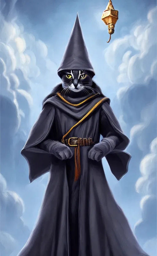 Image similar to matte oil painting of a bipdel cat wearing long wizard robes, anthropomorphic cat wearing a big wizard hat, dnd, character reveal, magic, posing, full body portrait, high resolution, detailed, inspiring, award - winning, clear, crisp, sharp