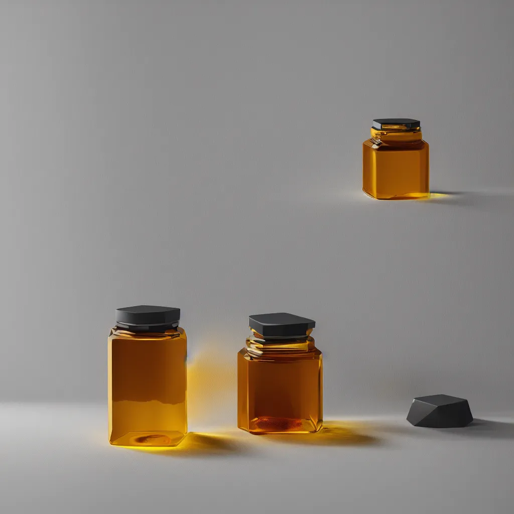 Prompt: hexagonal basalt inspired honey jar, golden glistening, light bloom, octane render, product photography, studio photography, sharp high contrast