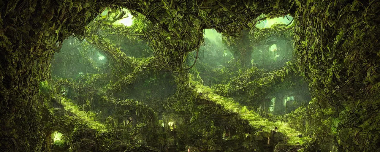 Image similar to a first person perspective shot looking up a stone staircase leading to an ancient stone archway that leads to an aaahh!!! Real monsters dimension covered in vines and emanating glowing yellow green light by James Gurney and beeple | unreal engine