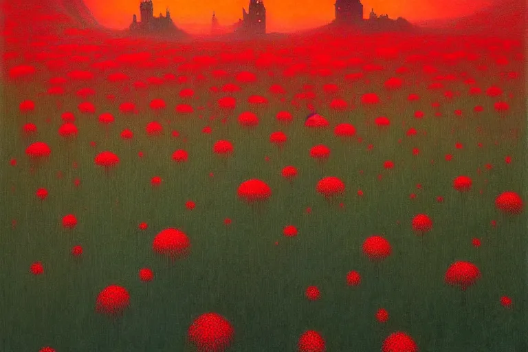 Prompt: only with red, red flowers of different types, a castle in the background, red giants rest over the flowers, in the style of beksinski, part by hopper, part by rodcenko, part by hofbauer, intricate composition, red by caravaggio, insanely quality, highly detailed, masterpiece, red light, artstation, 8 k