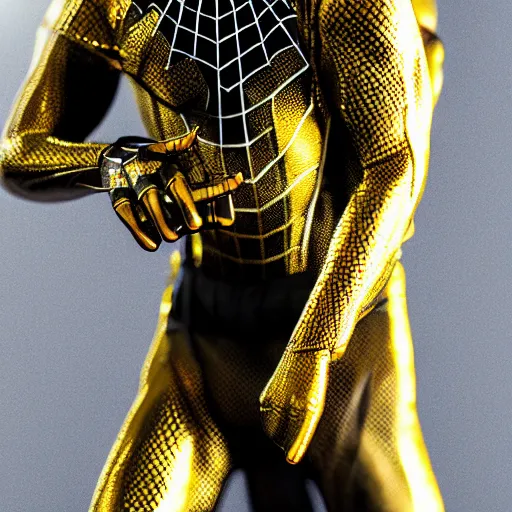 Image similar to gold spider - man suit with black web lining, cinematic, volumetric lighting, realistic, hyperdetailed, photorealistic, photograph