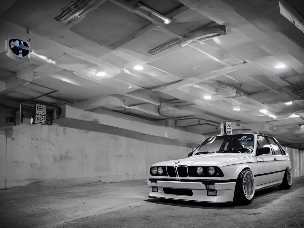 Image similar to a modified bmw e 3 0 with lights on in a futuristic neon parking garage, 3 5 mm photography, car photography, clean lines, realistic