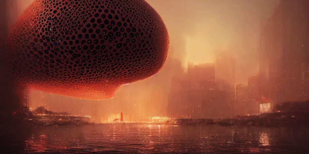 Image similar to An epic architectural rendering of a blob shaped trypophobia house with a mysterious red glow emitting from inside in a modern cityscape next to a river, by Greg Rutkowski, tunning, gorgeous, golden ratio, photorealistic, featured on artstation, 4k resolution