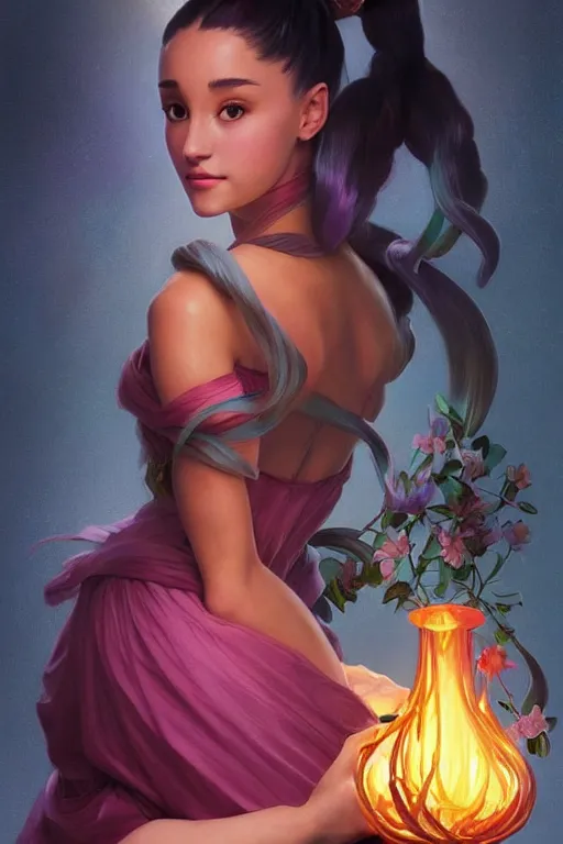 Image similar to beautiful cottagecore Ariana Grande holding a nuclear glowing colored vase. intricate, elegant. highly detailed, digital painting, artstation, concept art, smooth, sharp, focus, illustration. . art by artgerm and greg rutkowski and alphonse mucha