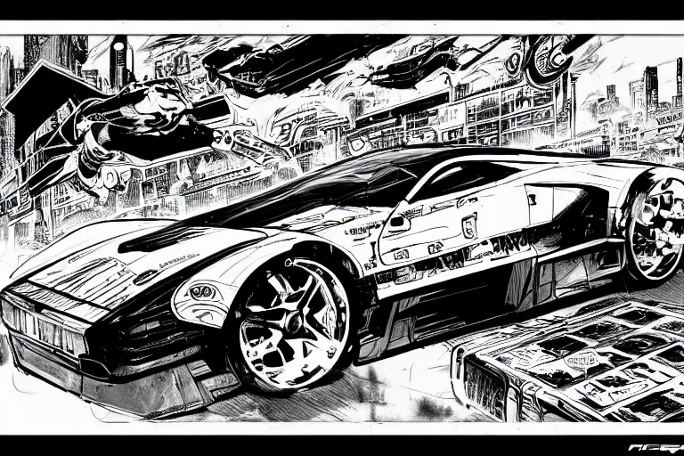 Image similar to ford concept car, a page from cyberpunk 2 0 2 0, style of paolo parente, style of mike jackson, adam smasher, johnny silverhand, 1 9 9 0 s comic book style, white background, ink drawing, black and white