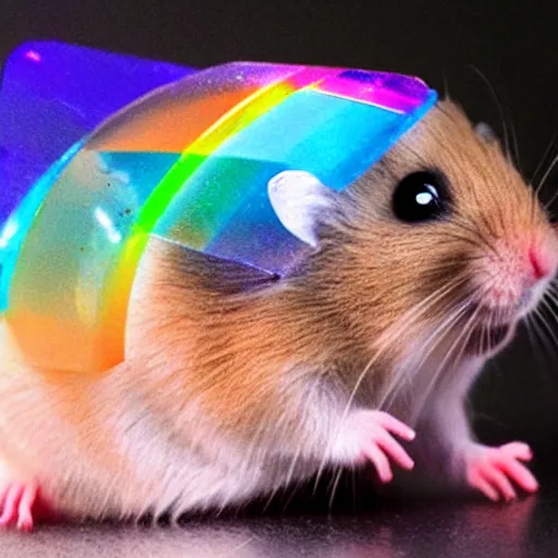 Prompt: a hamster made out of rainbow crystals