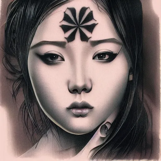 Image similar to tattoo design, stencil, traditional Japanese, beautiful portrait of a girl by artgerm, artgerm, digital art