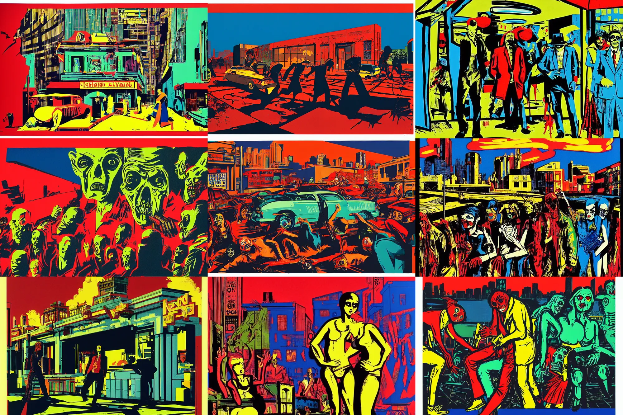 Prompt: a pop art silkscreen print serigraph of a chaotic cyberpunk zombie apocalypse by Edward Hopper