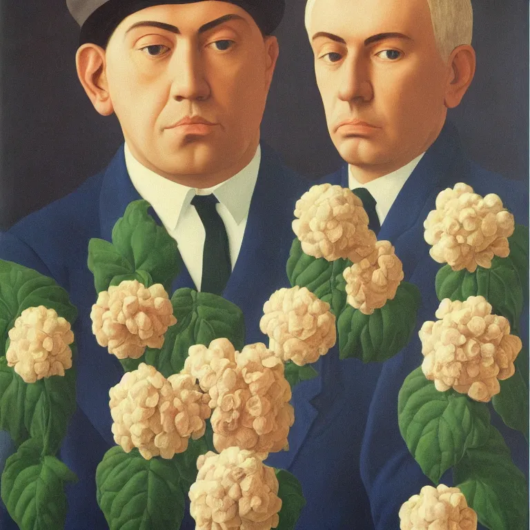 Prompt: portrait of a man, beautiful flowers replaced his head, by rene magritte, detailed painting, hd, hq, high resolution, high detail, 4 k, 8 k