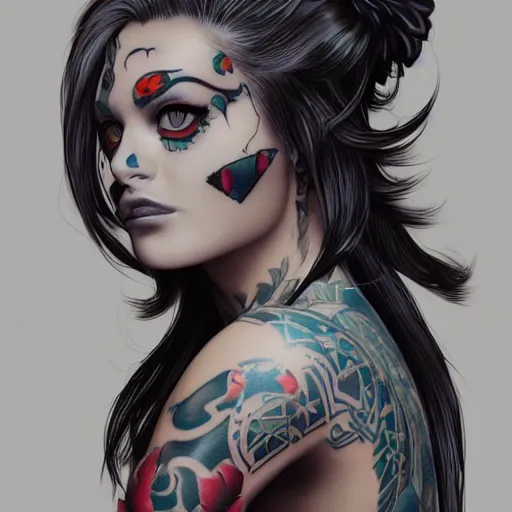 Image similar to a woman with a large tattoo on her forehead [ [ of a woman ] ], trending on artstation, 4 k