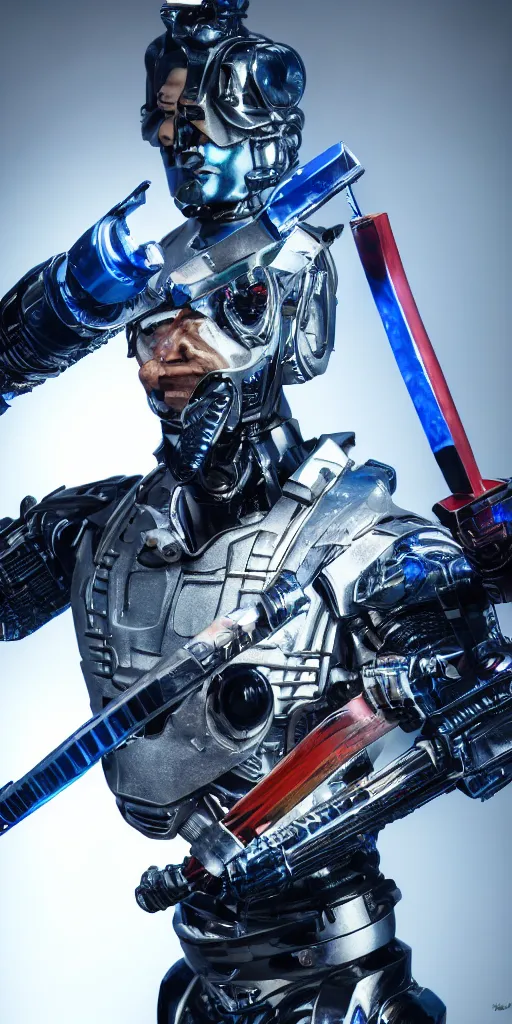 Image similar to a photo of cyborg samurai posing with a blue katana, futuristic, holographic, 8k, sharp focus, fujifilm