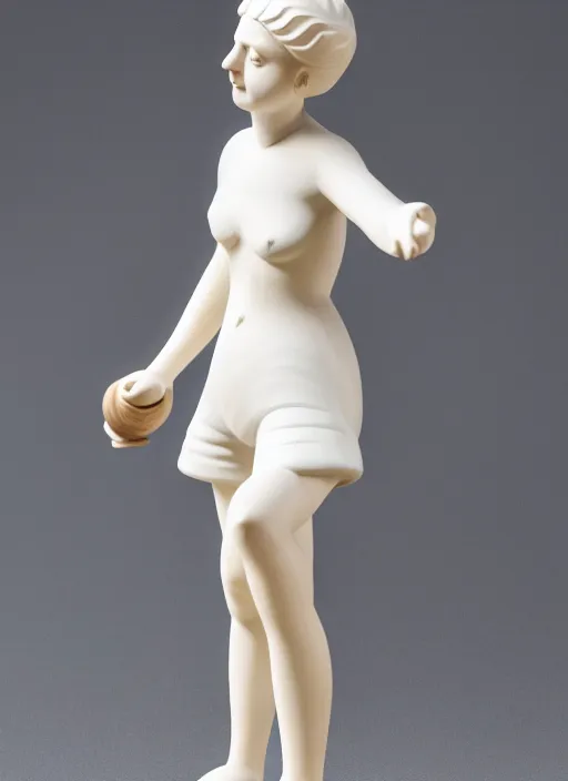 Image similar to still wooden figurine of young woman dressed wearing white shorts, holding white pigeon, personification, dynamic pose, detailed product photo, 8 k, 8 5 mm, f. 1 4, beautiful composition