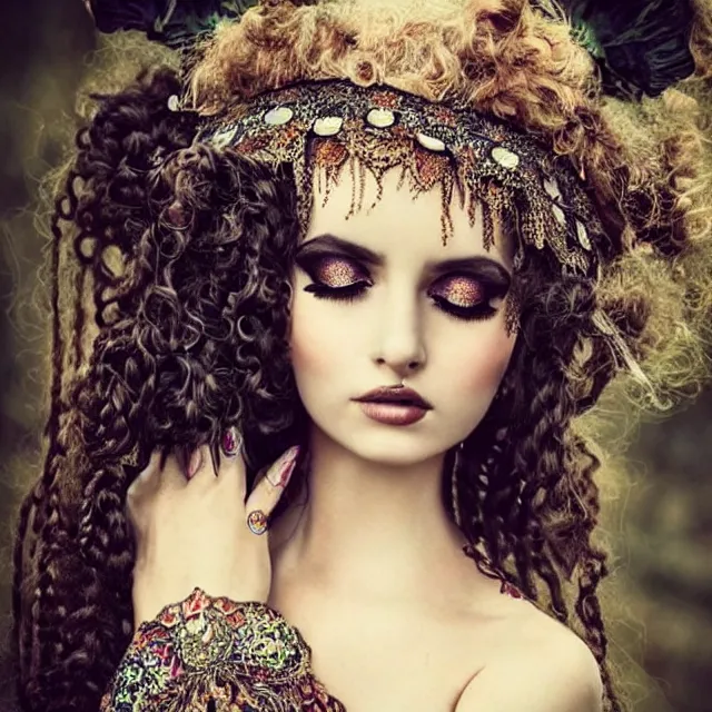 Prompt: ethereal beautiful woman with long curly hair in romany gypsy outfit, high detail, detailed dark eyeshadow, brown dark aesthetic, fantasy, epic style